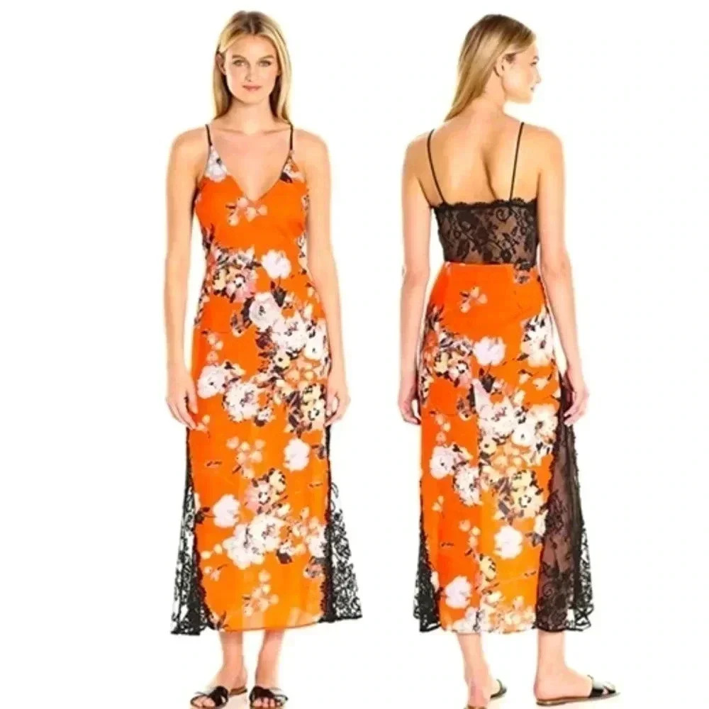 ABS Allen Schwartz Orange Floral Printed Slip Gown with Contrast Lace. Size 8.